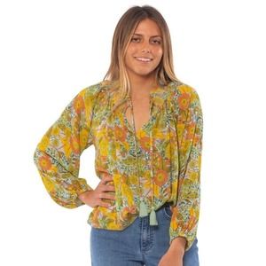 Sisstrevolution Bridgete Long Sleeve Woven Top Size S Multi Floral Tassel NWT